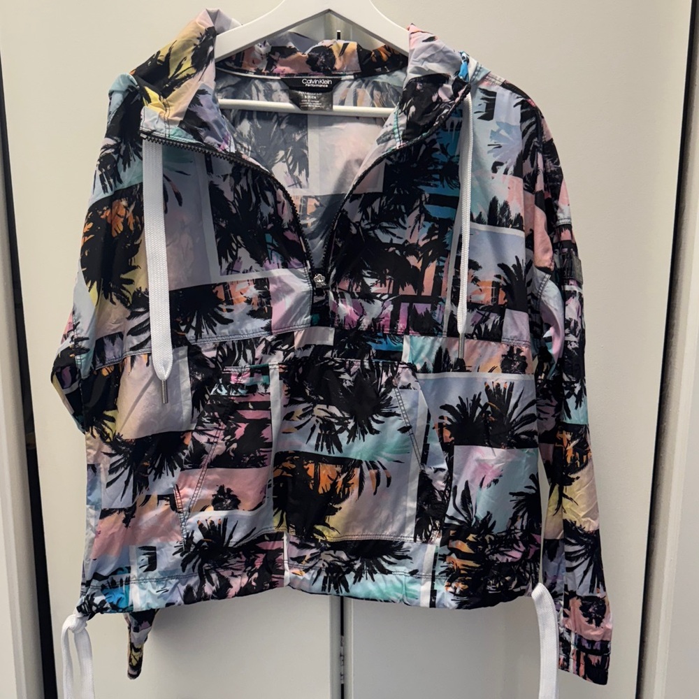 Calvin Klein Palm Print Half Zip Hooded Windbreaker Jacket